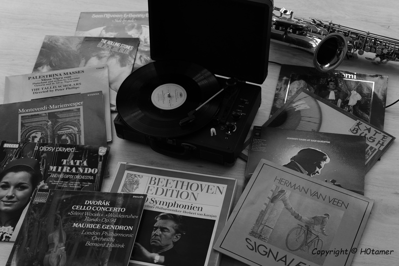 I am not playing my vinyl records so often anymore. But for today's challenge, to rhyme with PICK, I thought I picture some music.
So I took my suitcase record player, a wild variety of records and D's tenor sax, put on Beethoven's 5th, and had a try. H0tamer_20210517.jpg